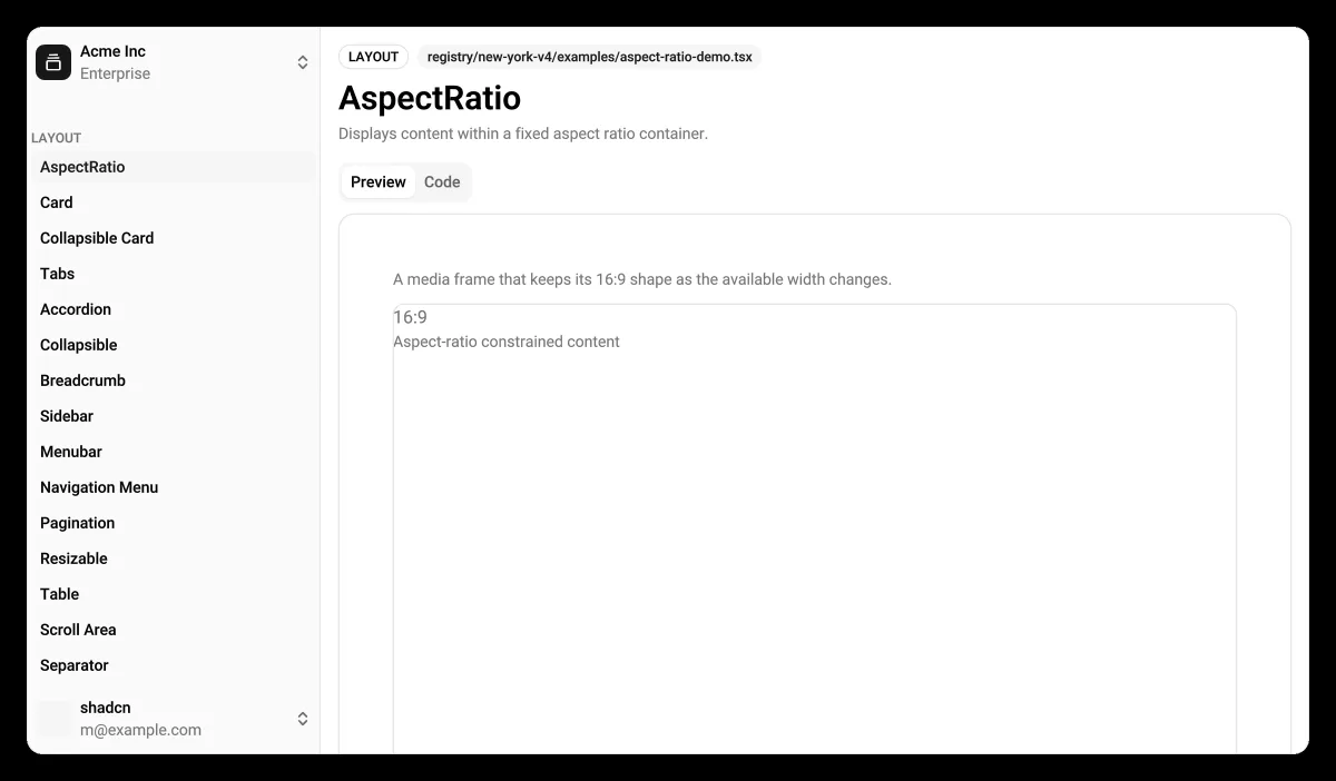 UI showcase: a sidebar of components next to an Aspect Ratio example with preview and code tabs
